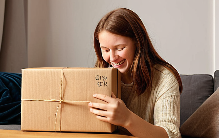 The Power of Personal Connection**
A delighted customer in a cozy, modern German home environment, happily unboxing a modest package from an online low-cost retailer. The customer's face shows genuine surprise and joy as they discover a small, unexpected, personalized touch inside – like a neatly handwritten thank-you note or a thoughtful, small bonus item. The scene emphasizes the emotional impact of feeling valued and seen, transcending the low price point. Soft, inviting lighting, reflecting warmth and appreciation.

**