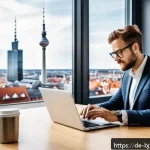 Home 18 로우코스트 비즈니스 모델의 유통 전략 수립하기 - A modern German small business owner in a bright, stylish office setting, working on a laptop with m...