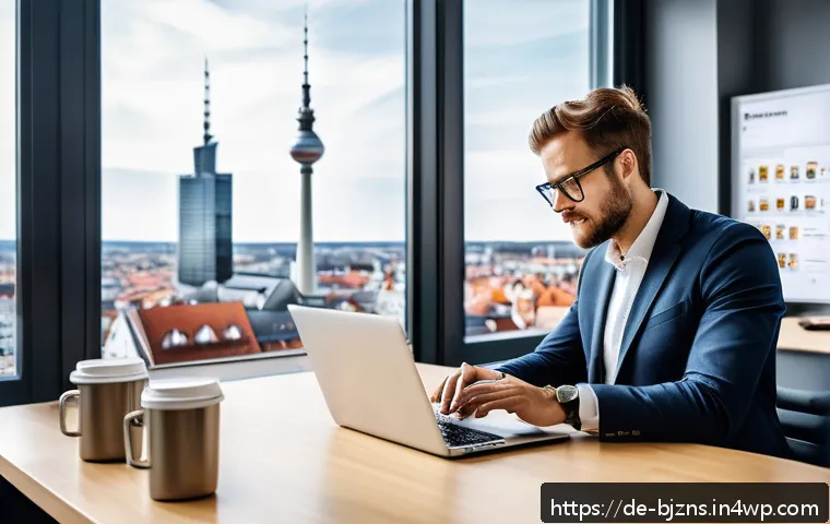 로우코스트 비즈니스 모델의 유통 전략 수립하기 - A modern German small business owner in a bright, stylish office setting, working on a laptop with m...