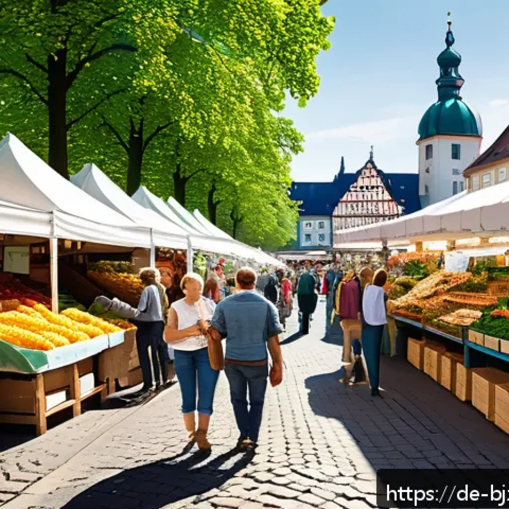 로우코스트 비즈니스 모델의 지속 가능한 성장 전략 - A vibrant illustration of a bustling local farmers’ market in Germany, showcasing regional farmers a...