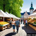 Home 21 로우코스트 비즈니스 모델의 지속 가능한 성장 전략 - A vibrant illustration of a bustling local farmers’ market in Germany, showcasing regional farmers a...