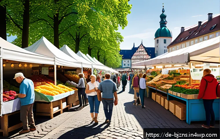 로우코스트 비즈니스 모델의 지속 가능한 성장 전략 - A vibrant illustration of a bustling local farmers’ market in Germany, showcasing regional farmers a...